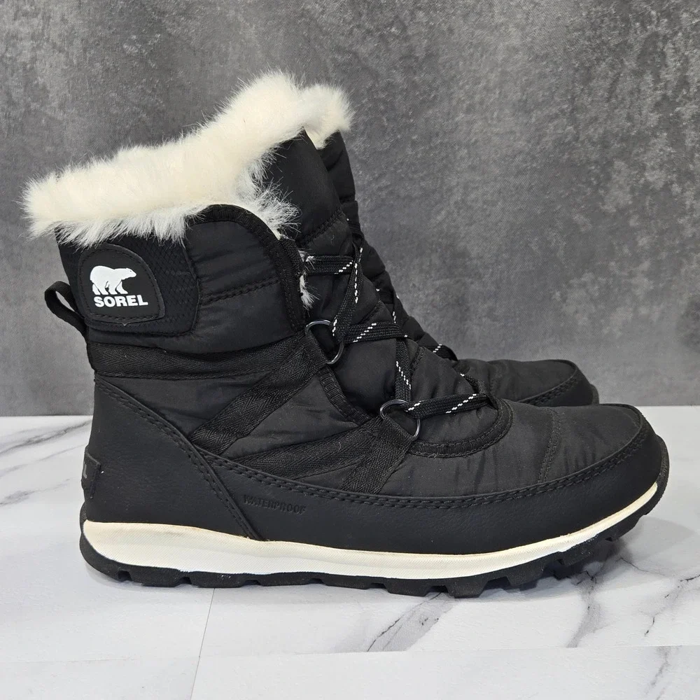 Sorel Whitney Short Lace Boots Womens 7.5 Black Waterproof Winter Faux Fur Snow